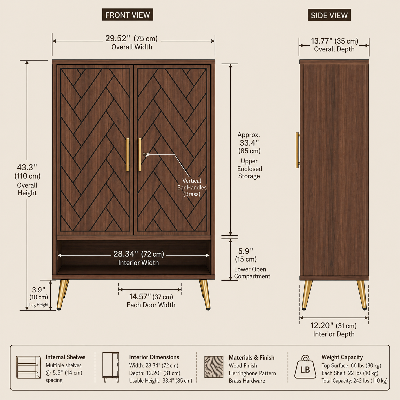 EMOOTTOO Mid-Century Modern 6-Tier Shoe Cabinet with Herringbone Carved Doors, Walnut, 13.77" Wide