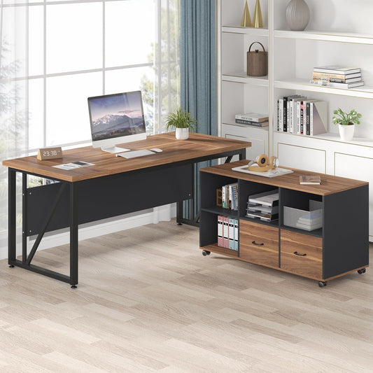Emoottoo 63-Inch Executive Desk with 47-Inch Mobile File Cabinet, Large Home Office Desk with Drawers and Storage Shelves, L-Shaped Computer Desk Workstation Business Furniture, Walnut & Gray