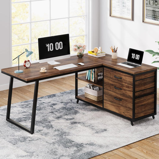 Emoottoo L-Shaped Computer Desk with 3 Drawers, Reversible Corner Home Office Desk with Shelves, 53-Inch Industrial PC Desk Study Writing Table Workstation for Small Space, Rustic Brown