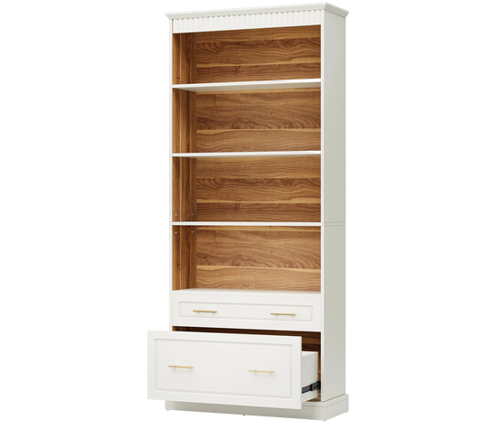 73" Tall White & Oak Bookcase with File Drawers, 5-Tier Modern Library Bookshelf with Gold Hardware & Wave-Textured Top