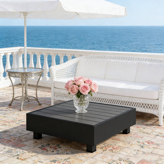 Emootto 29" Modern Square Outdoor Coffee Table - All-Weather Aluminum Slatted Patio Side Table, Black