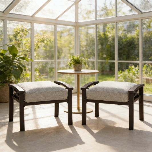 Emootto Modern Patio Ottomans Set of 2 - Weather-Resistant Iron Outdoor Footstools with Premium Cushions, Dark Brown