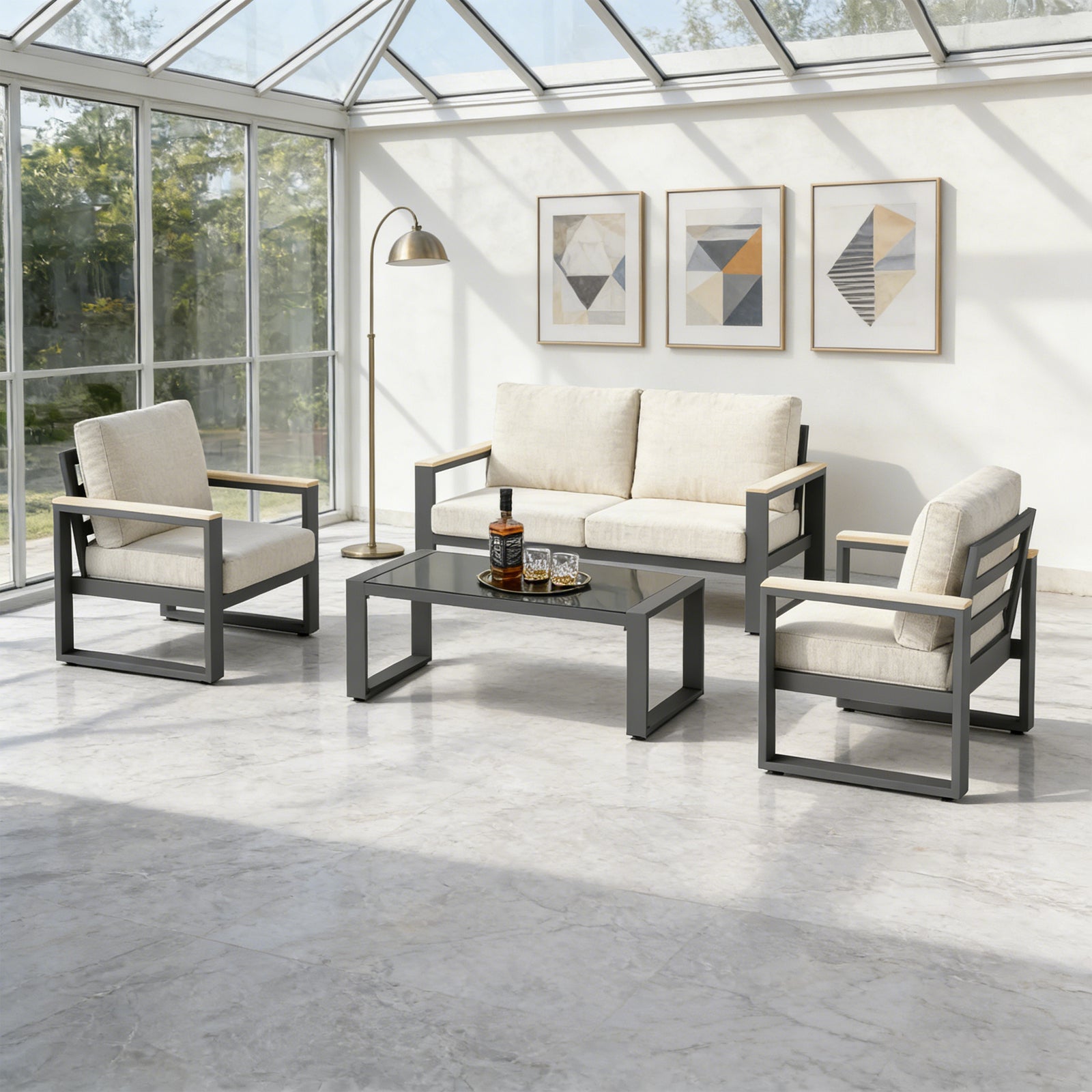 4-Piece Modern Aluminum Outdoor Conversation Set, 4-Seat Patio Sofa Group with 52" Loveseat, 2 Armchairs & Tempered Glass