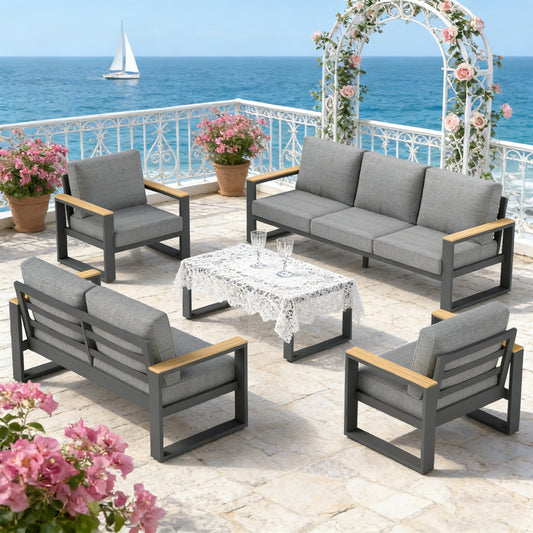 Emootto 5-Piece Aluminum Outdoor Conversation Set - 7-Seat Patio Furniture Suite with 75" Sofa, Loveseat, 2 Armchairs & Glass Coffee Table, Modern Gray