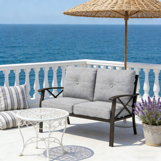 Emootto Modern 2-Seat Outdoor Loveseat - All-Weather Metal Patio Sofa with Premium Olefin Cushions, Grey