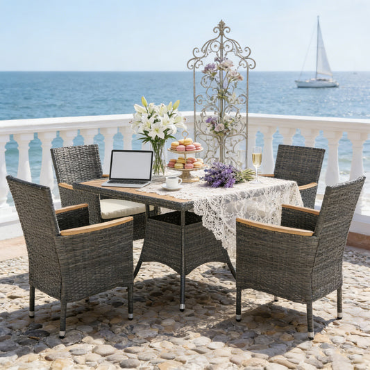 Emootto 5-Piece Outdoor Patio Dining Set - Hand-Woven PE Rattan with Acacia Wood Tabletop and 4 Ergonomic Armchairs, Gray