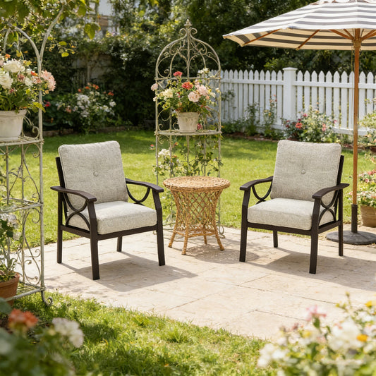Emootto Modern Outdoor Armchair Set of 2 - All-Weather Metal Patio Chairs with Premium Olefin Cushions, Grey
