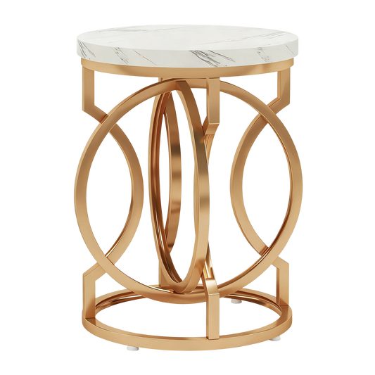 Modern Round End Table Set of 2 with Thickened Tabletop, 20" Gold Side Table with Unique O-Shaped Metal Base, Midcentury Nightstand