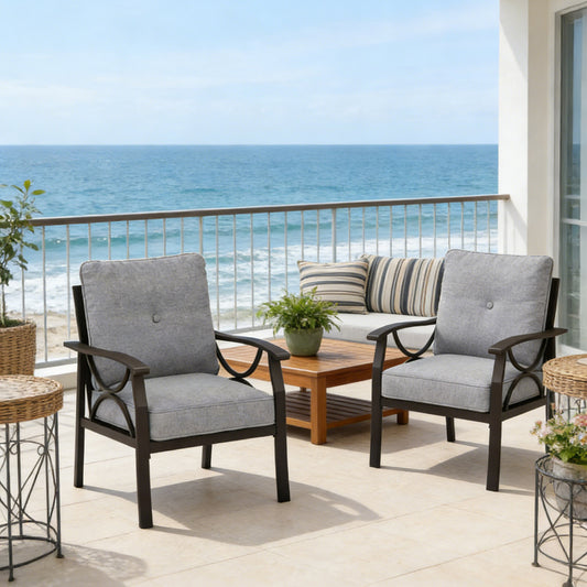 Emootto 2-Piece Outdoor Metal Armchairs - All-Weather Black Steel Frame with Sculptural Curves and 4-Inch Gray Cushions
