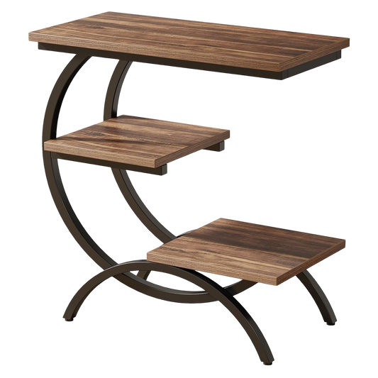 C-Shaped End Table, Industrial 3-Tier Small Side Table for Couch, Wood Bedside Table Snack Side Table