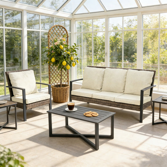 Emootto 2-Piece Outdoor Patio Sofa Set, 67" 3-Seat Wicker Couch with Modern Coffee Table, All-Weather Steel Frame & Water-Resistant Beige Cushions for Garden & Poolside