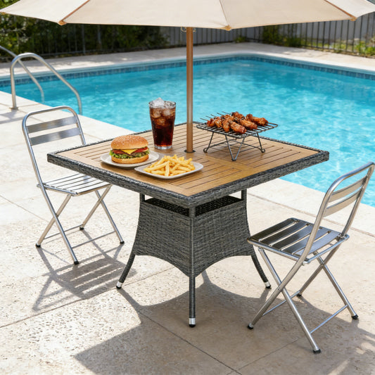 Emootto 35" Square Outdoor Patio Dining Table - All-Weather Gray Rattan with Genuine Acacia Wood Tabletop, 400 lbs Capacity