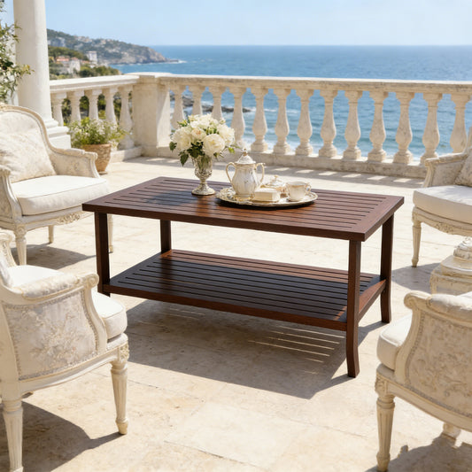 Emootto 37" 2-Tier Outdoor Coffee Table - Rectangular All-Weather Metal Patio Table with Storage Shelf, Rust-Resistant Powder-Coated Steel, Brown