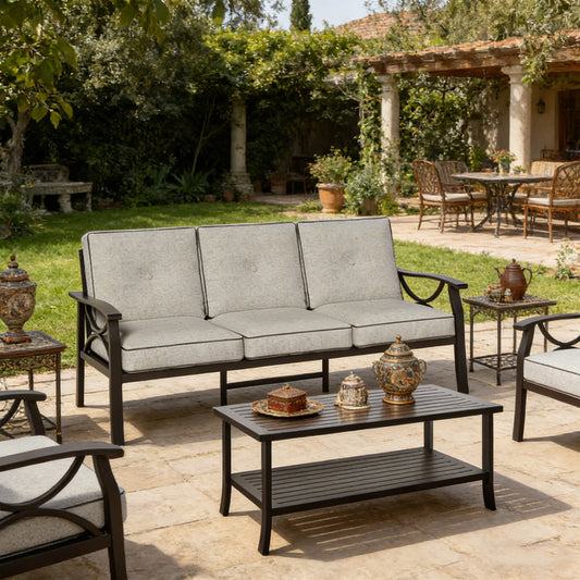 Emootto Modern Patio Conversation Set - 3-Seat Outdoor Sofa & 2-Tier Coffee Table with Premium Olefin Cushions, Grey