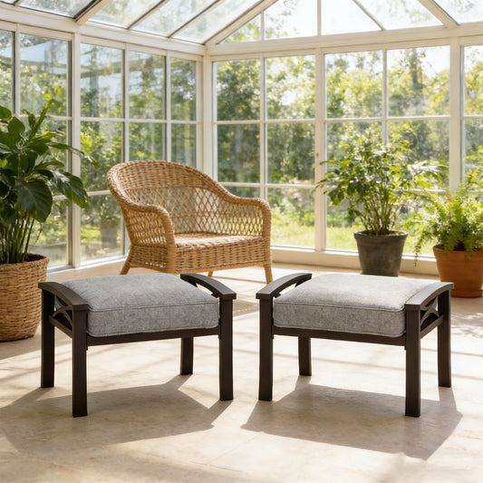 Emootto Modern Patio Ottomans Set of 2 - 26" Weather-Resistant Iron Outdoor Footstools with Premium Olefin Cushions, Grey