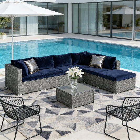 Emootto 7-Piece Outdoor Modular Rattan Sofa Set - All-Weather Gray Wicker Sectional with Sophisticated Navy Blue Cushions and Tempered Glass Coffee Table