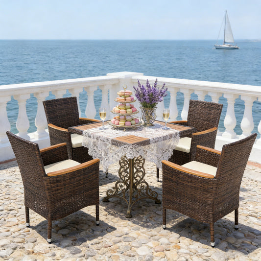 Emootto 5-Piece Outdoor Patio Dining Set - Hand-Woven Brown PE Rattan with Acacia Wood Tabletop and 4 Ergonomic Armchairs, Brown