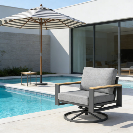 Emootto 2-Piece Outdoor Aluminum Swivel Rocking Chairs, 360-Degree Rotating Patio Lounge Chairs with Wood-Like Armrests & Grey Cushions for Balcony & Garden