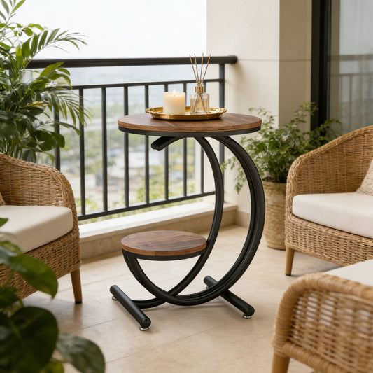 Emoottoo Round End Table, 2-Tier Industrial Side Table with Storage Shelves, Small Rustic Accent Table Nightstand for Living Room, Bedroom (1, Brown/Black)