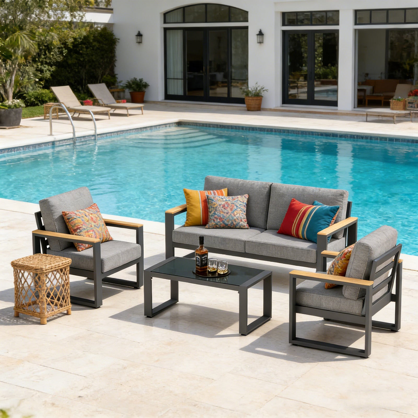 4-Piece Modern Aluminum Outdoor Conversation Set, 4-Seat Patio Sofa Group with 52" Loveseat, 2 Armchairs & Tempered Glass