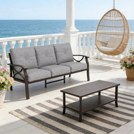 Emootto Modern Patio 3-Seater Sofa and 2-Tier Coffee Table Set - All-Weather Metal Conversation Furniture with Premium Olefin Cushions, Grey
