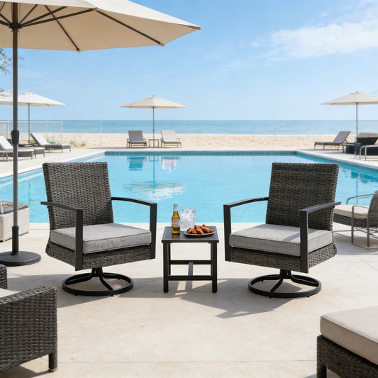 Emootto 3-Piece Outdoor Swivel Rocking Bistro Set, 360-Degree Rotating Rattan Chairs with Water-Resistant Cushions & Square Side Table for Patio, Porch & Poolside, Grey