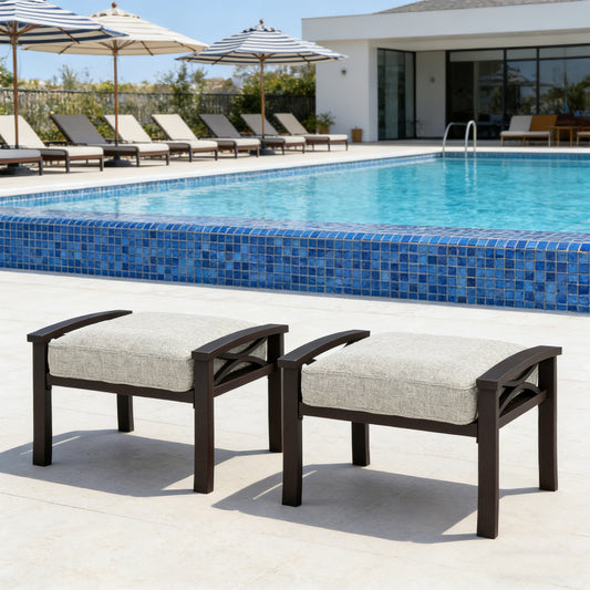 Emootto 2-Piece Outdoor Iron Patio Ottoman Set, Weather-Resistant Footstool with Thick High-Density Cushions & Fixed Straps, Extra Seating for Garden, Balcony & Porch, Black
