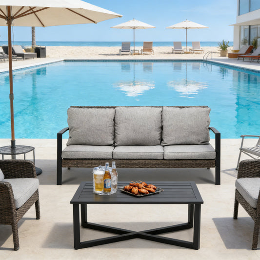 Emootto 2-Piece Outdoor Patio Sofa Set, 67" 3-Seat Wicker Couch with Modern Coffee Table, All-Weather Metal Frame & Water-Resistant Cushions for Garden & Poolside, Grey