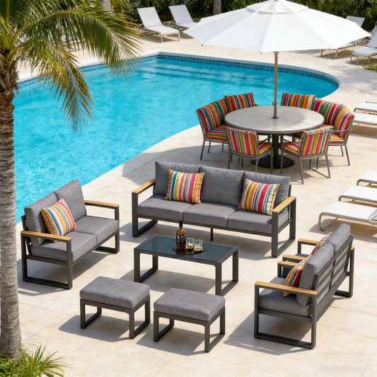 Emootto 7-Piece Aluminum Outdoor Conversation Set - 9-Seat Large Patio Furniture Suite with 75" Sofa, Loveseat, 2 Armchairs, 2 Ottomans & Glass Table, Gray