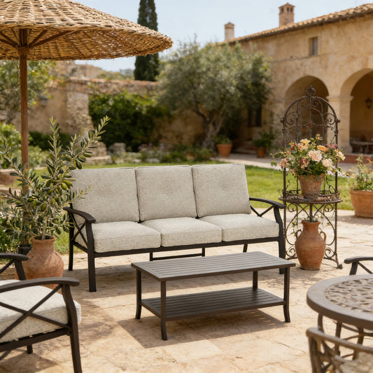 Emootto Modern 3-Seat Patio Sofa and 2-Tier Coffee Table Set - All-Weather Metal Conversation Set with Premium Olefin Cushions, Beige