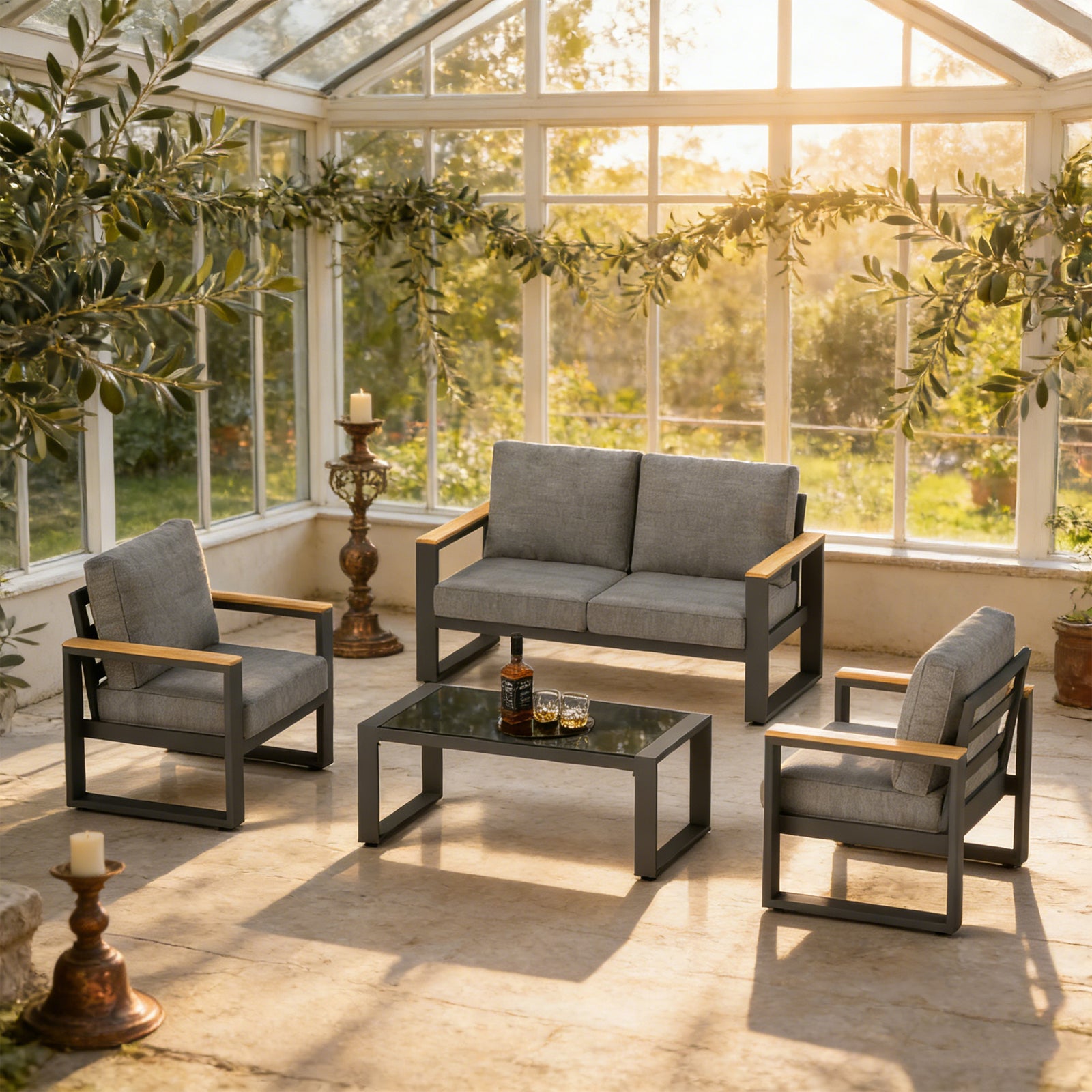 4-Piece Modern Aluminum Outdoor Conversation Set, 4-Seat Patio Sofa Group with 52" Loveseat, 2 Armchairs & Tempered Glass