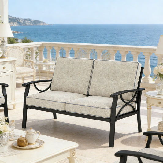Emootto Modern 2-Seat Patio Loveseat - All-Weather Metal Outdoor Sofa with Premium Olefin Cushions, Grey
