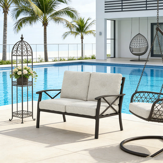 Emootto Modern 2-Seat Patio Loveseat - All-Weather Metal Outdoor Sofa with Premium Olefin Cushions, Beige