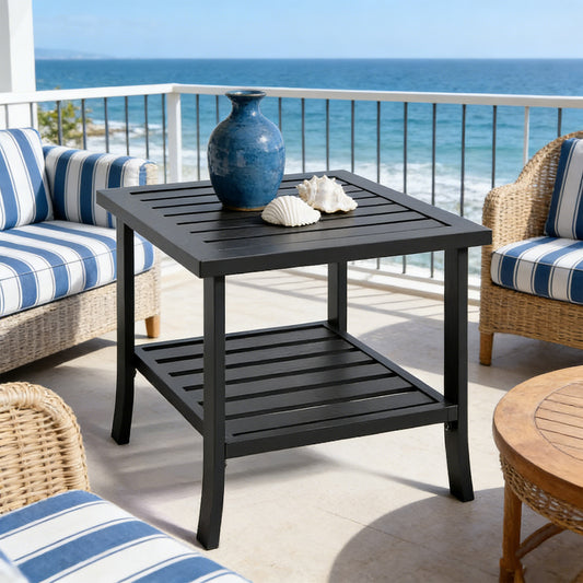 Emootto 19" 2-Tier Outdoor Side Table - Square All-Weather Black Metal Patio End Table with Storage Shelf, Rust-Resistant Powder-Coated Steel
