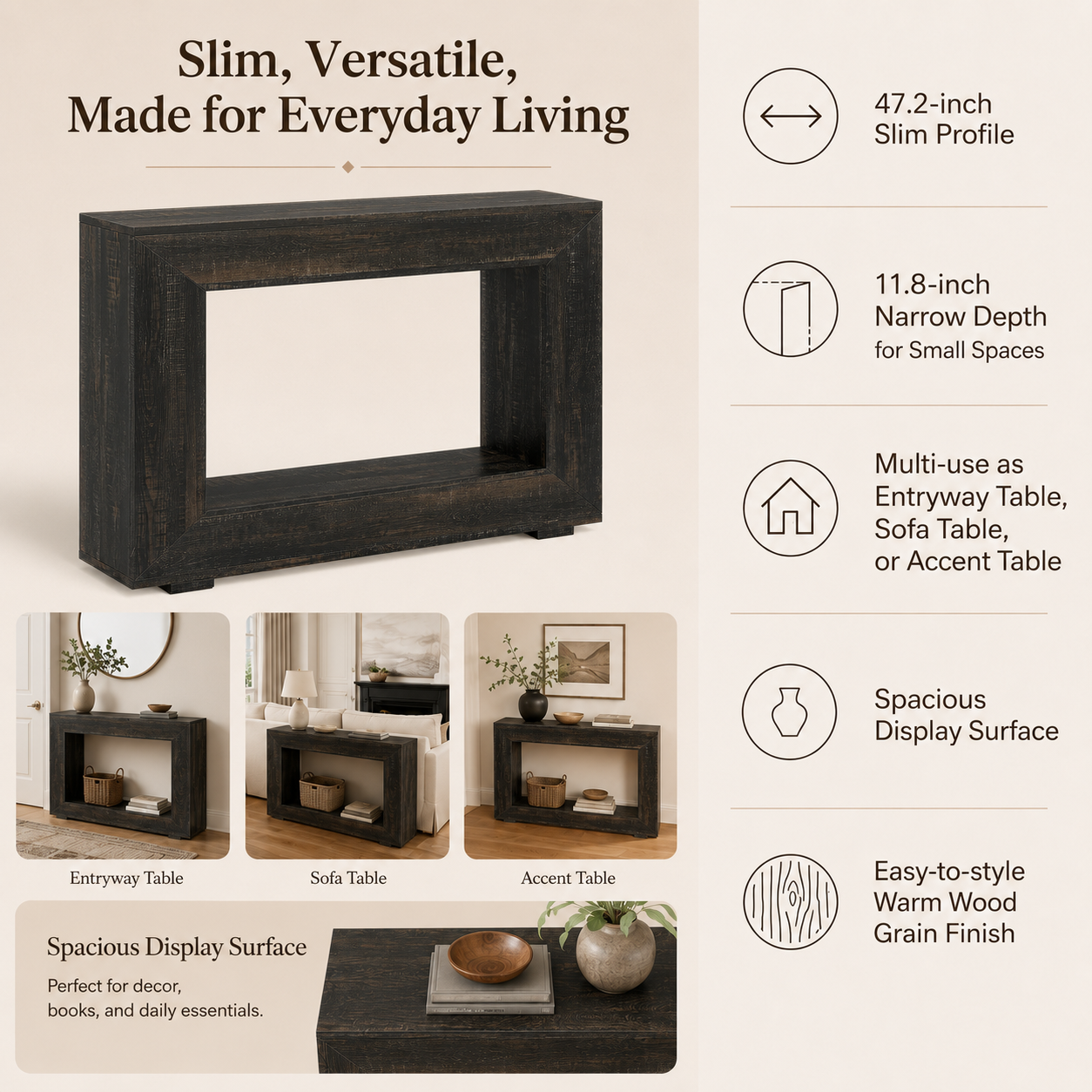 EMOOTTOO Farmhouse Console Table with 11.8"D