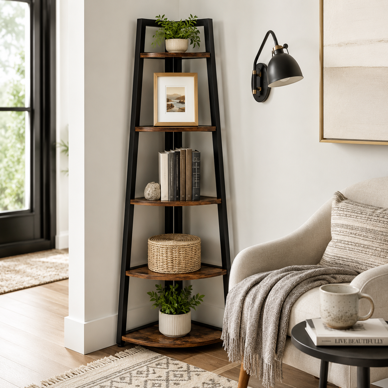 EMOOTTOO 70" Tall Industrial Corner Ladder Shelf