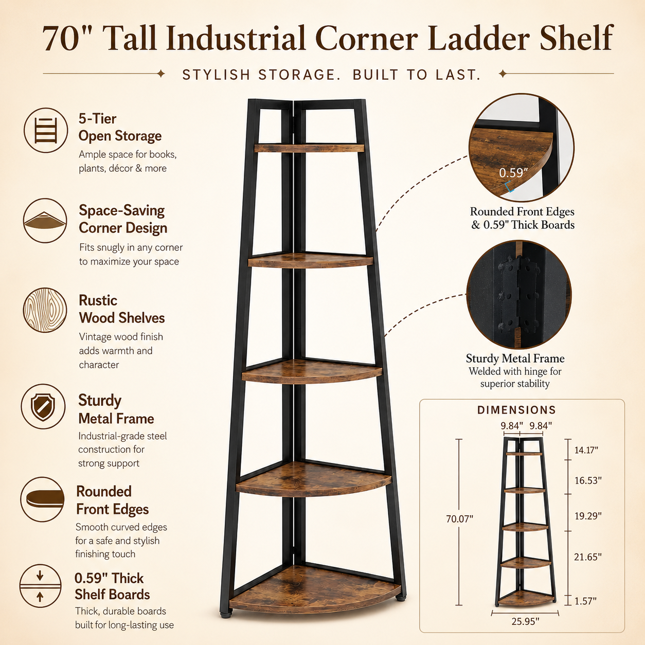 EMOOTTOO 70" Tall Industrial Corner Ladder Shelf