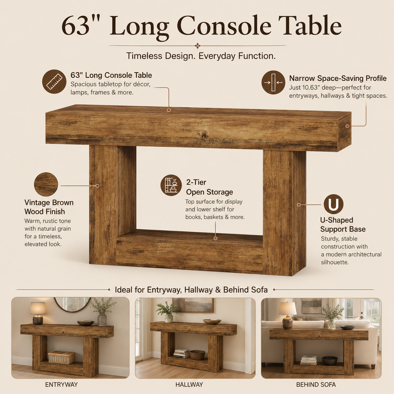 EMOOTTOO 63" Farmhouse Console Table with 2-Tier Storage - product image 5