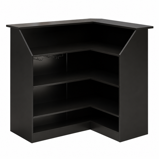 EMOOTTOO L-Shaped Bar Cabinet 4-Tier Corner Bar Unit with Stemware Racks, Black