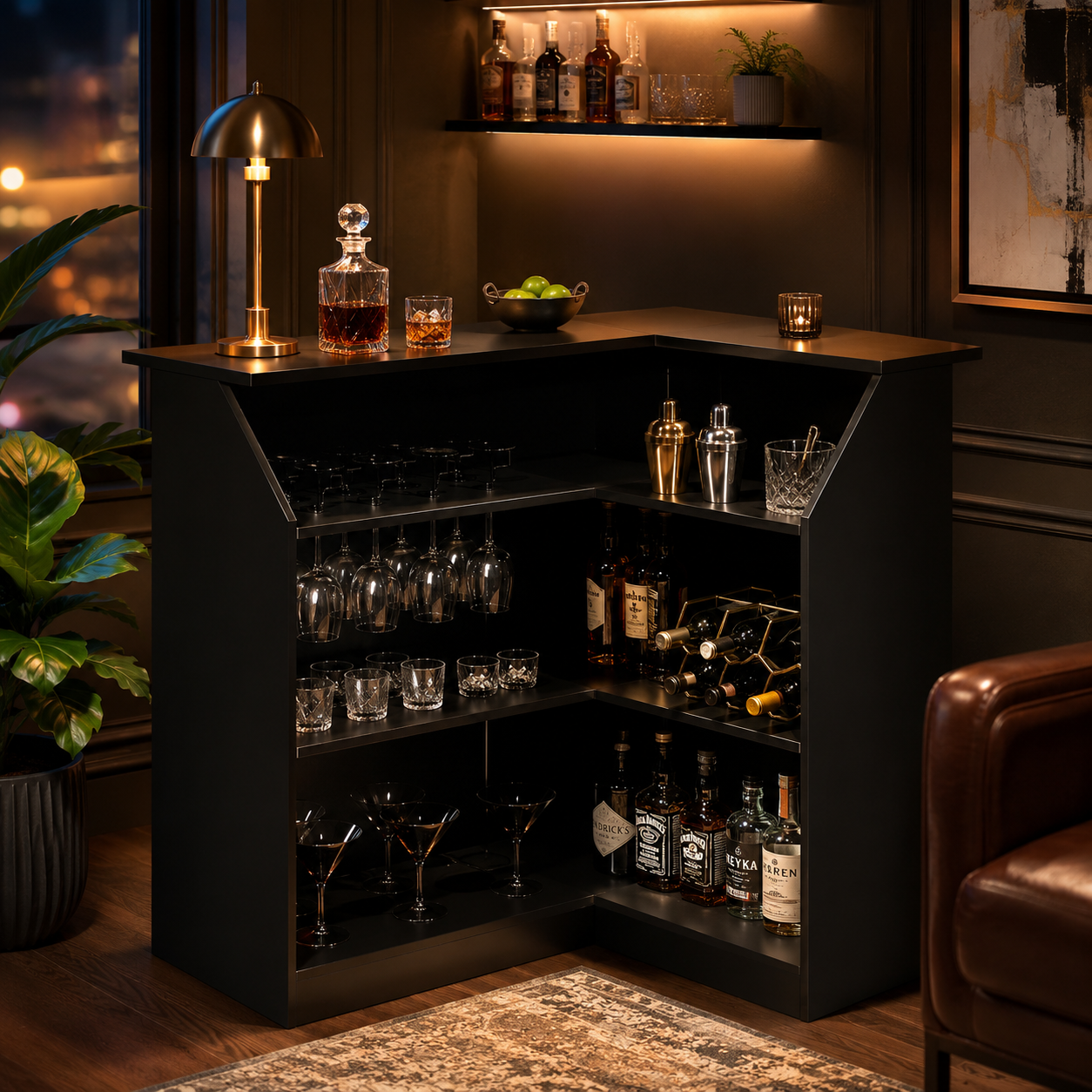 EMOOTTOO L-Shaped Bar Cabinet 4-Tier Corner Bar Unit with Stemware Racks, Black