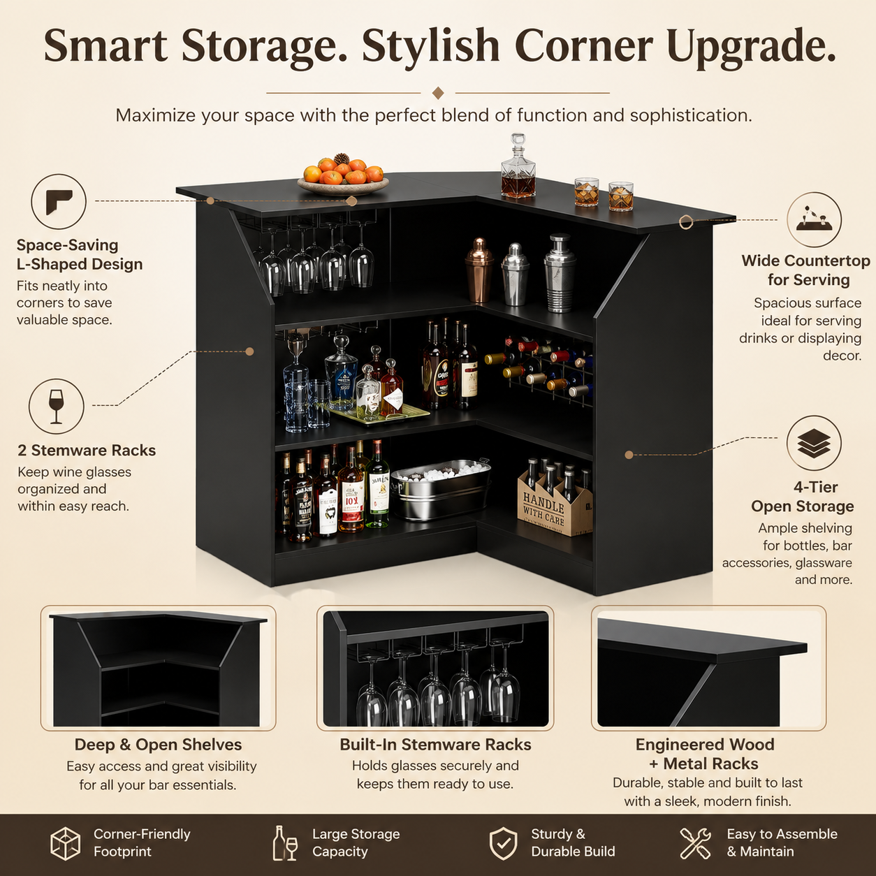 EMOOTTOO L-Shaped Bar Cabinet 4-Tier Corner Bar Unit with Stemware Racks, Black