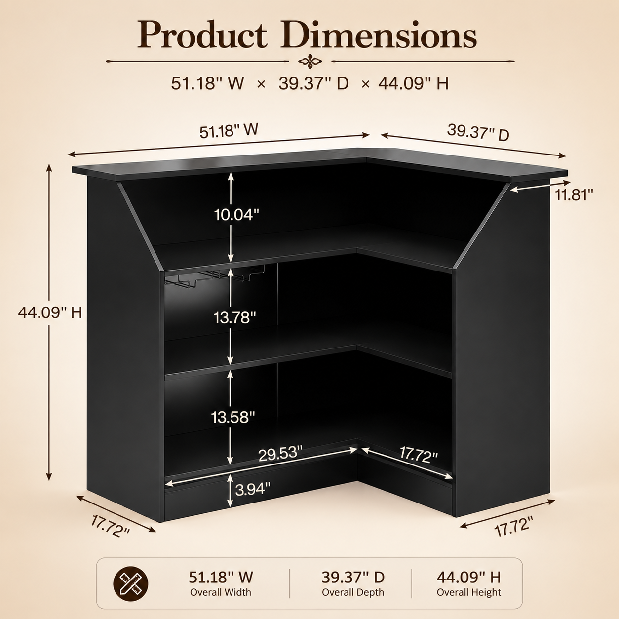 EMOOTTOO L-Shaped Bar Cabinet 4-Tier Corner Bar Unit with Stemware Racks, Black