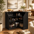 EMOOTTOO L-Shaped Bar Cabinet 4-Tier Corner Bar Unit with Stemware Racks, Black