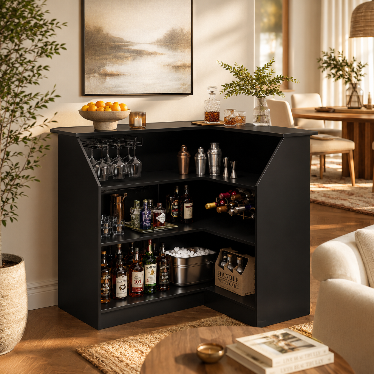 EMOOTTOO L-Shaped Bar Cabinet 4-Tier Corner Bar Unit with Stemware Racks, Black