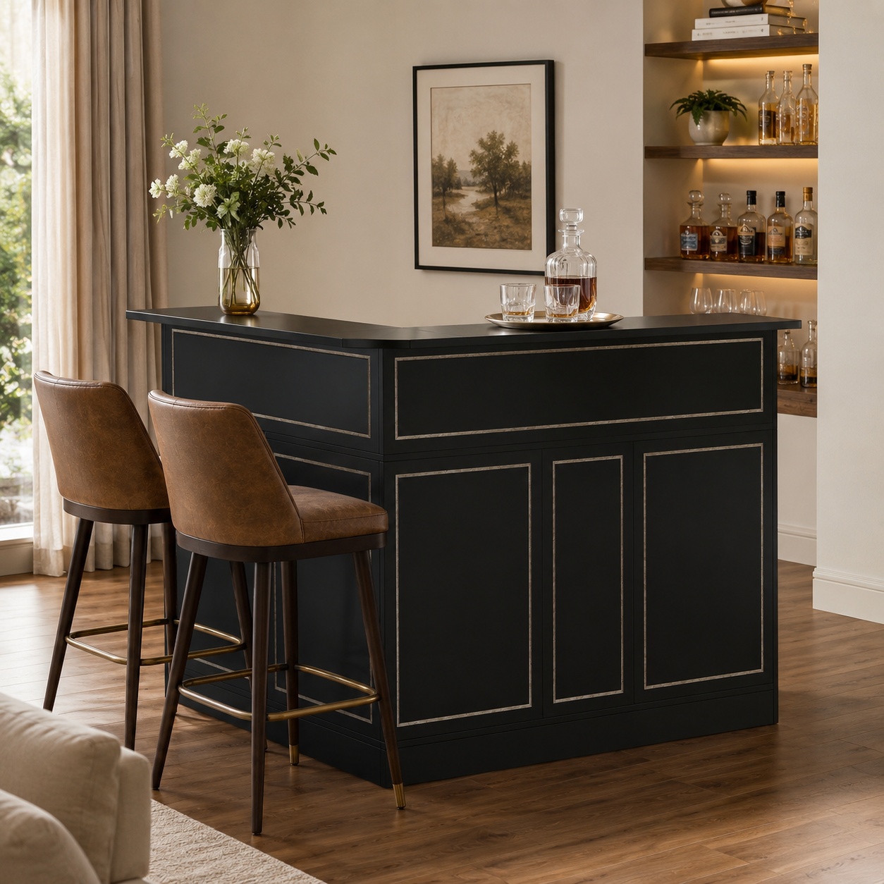 EMOOTTOO L-Shaped Bar Cabinet 4-Tier Corner Bar Unit with Stemware Racks, Black