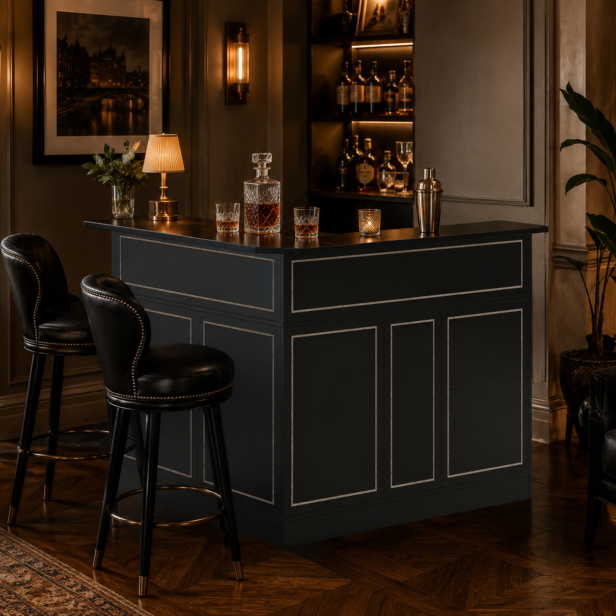 EMOOTTOO L-Shaped Bar Cabinet 4-Tier Corner Bar Unit with Stemware Racks, Black