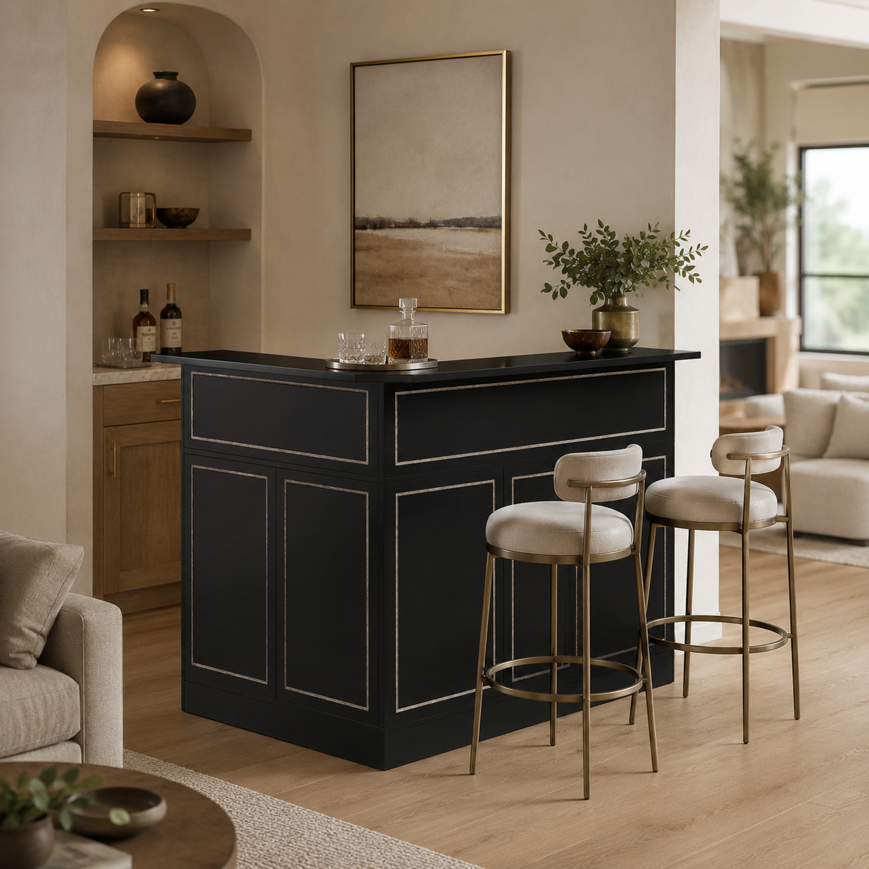 EMOOTTOO L-Shaped Bar Cabinet 4-Tier Corner Bar Unit with Stemware Racks, Black