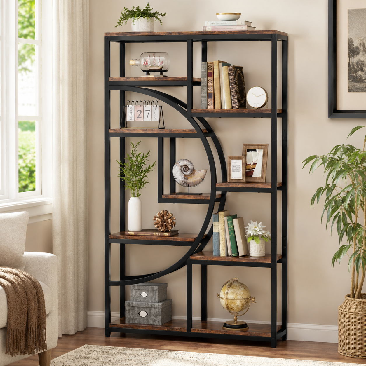 EMOOTTOO 69" Industrial Half-Moon Bookshelf