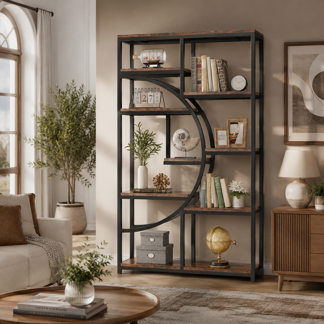 EMOOTTOO 69" Industrial Half-Moon Bookshelf