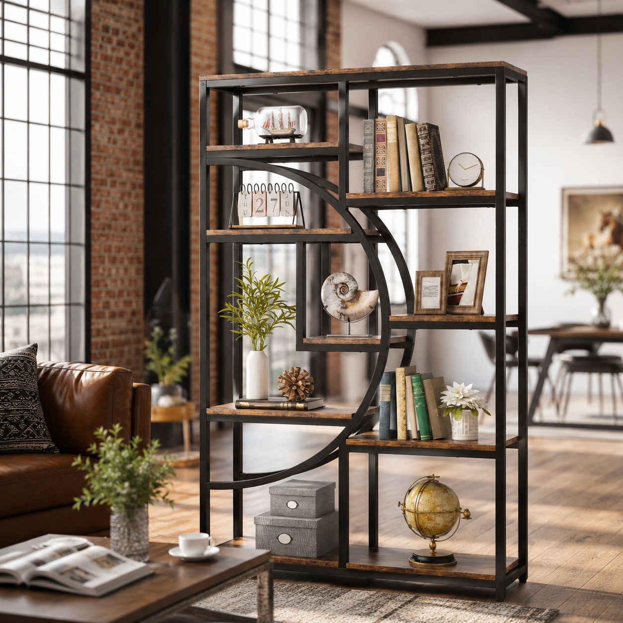 EMOOTTOO 69" Industrial Half-Moon Bookshelf